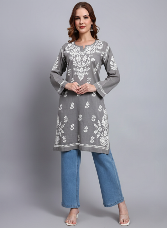 Women Hand Embroidered Chikankari Cotton Kurti -AL3685 Grey