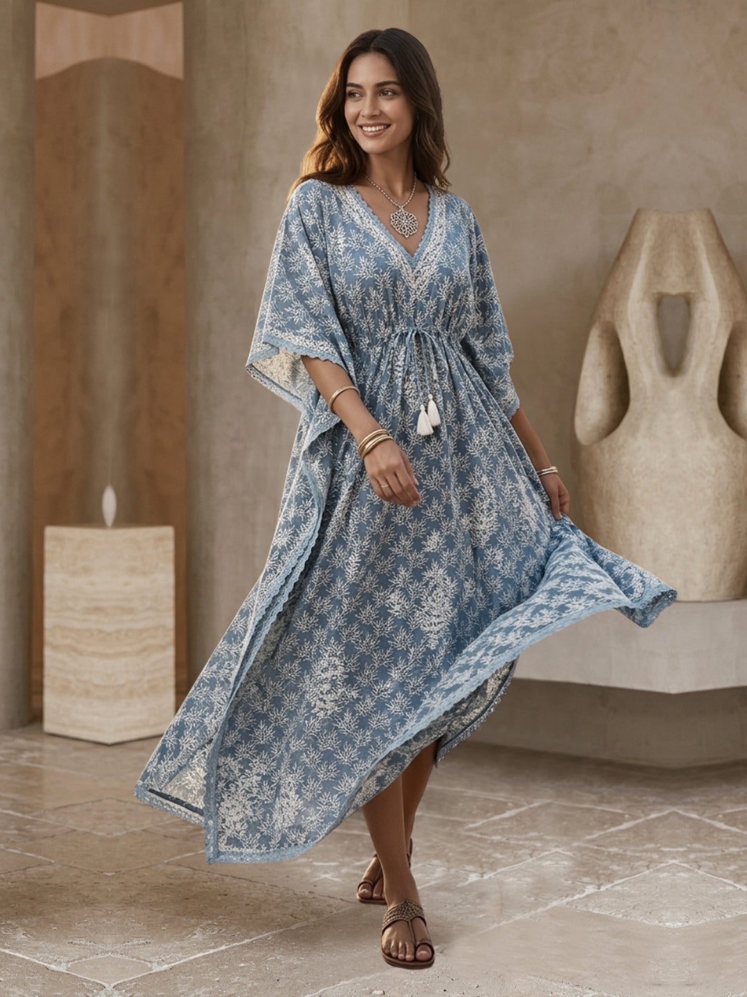 Hand Embroidered Chikankari Cotton Kaftan-AL3833 New Grey