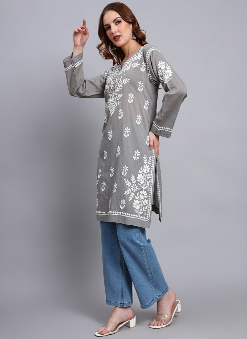 Women Hand Embroidered Chikankari Cotton Kurti -AL3685 Grey