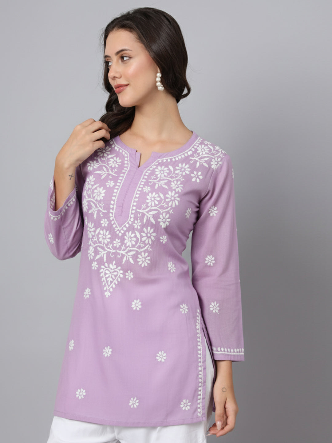 Women Hand Embroidered Modal Chikankari Kurti-AL3611 Lavender