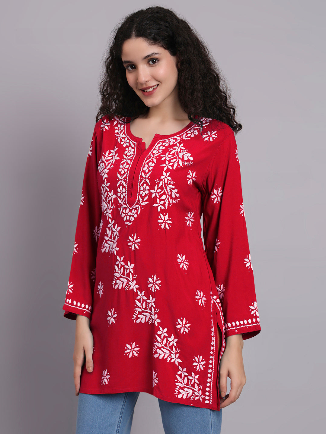 Women Hand Embroidered Chikankari Rayon Short Kurti-AL4071 Red