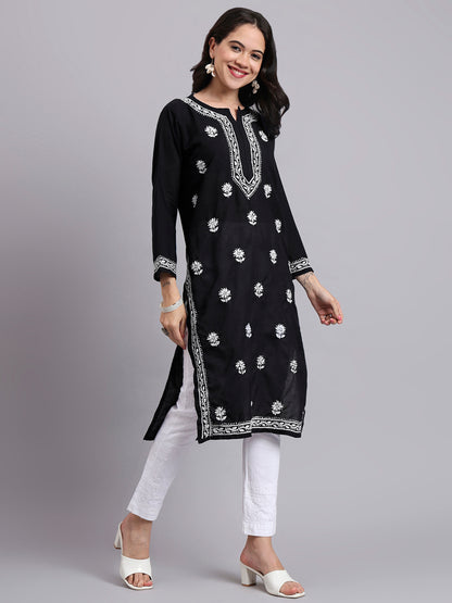 Women Hand Embroidered Chikankari Cotton Kurta-AL3999 Black