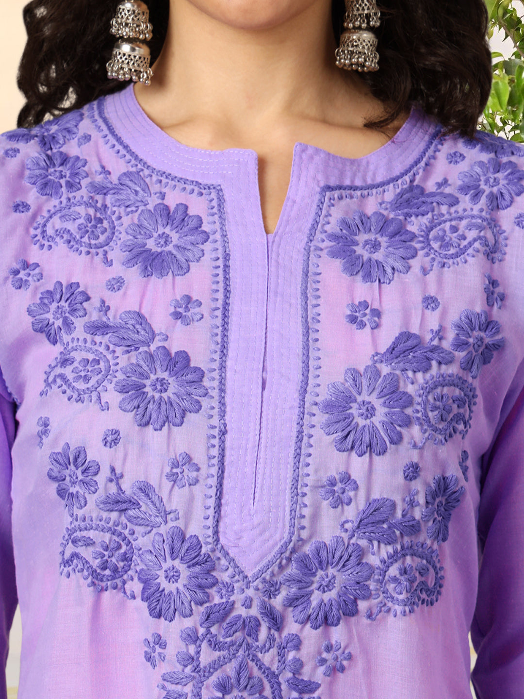 Hand Embroidered Chikankari Cotton Straight Kurti-AL3405 Mauve