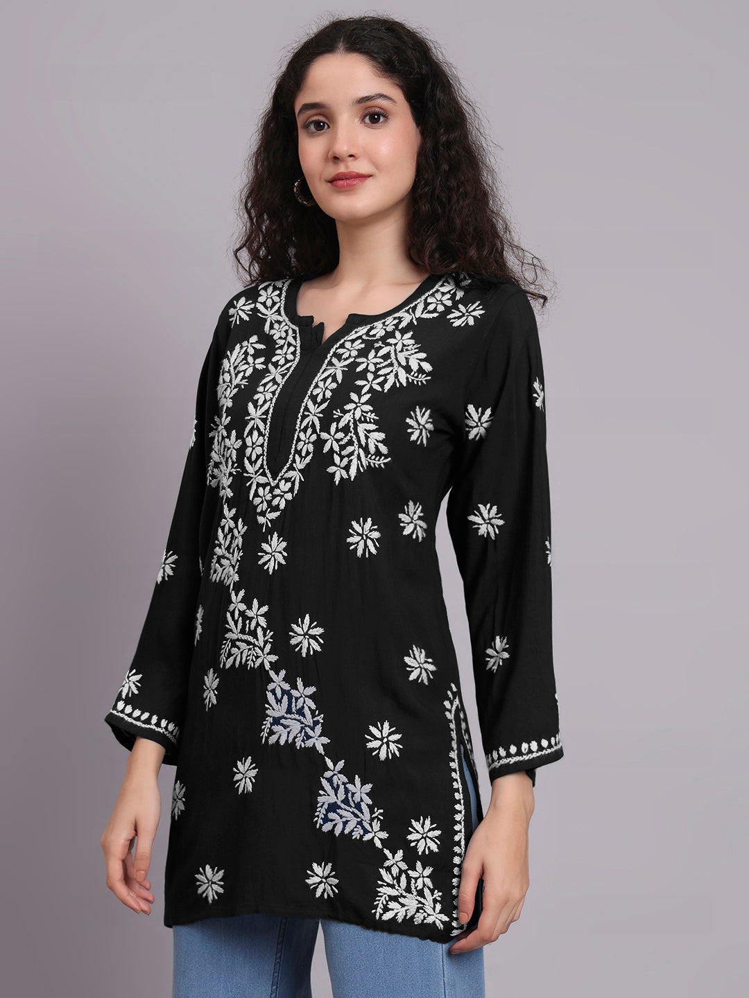 Women Hand Embroidered Chikankari Rayon Kurti-AL4071 Black