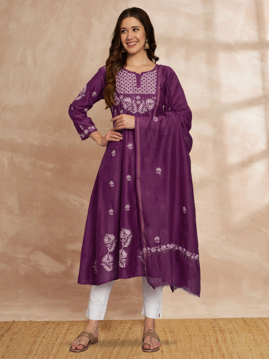 Hand embroidered Chikankari Chanderi Cotton Kurta Set and Dupatta with Mukaish AL3665KS