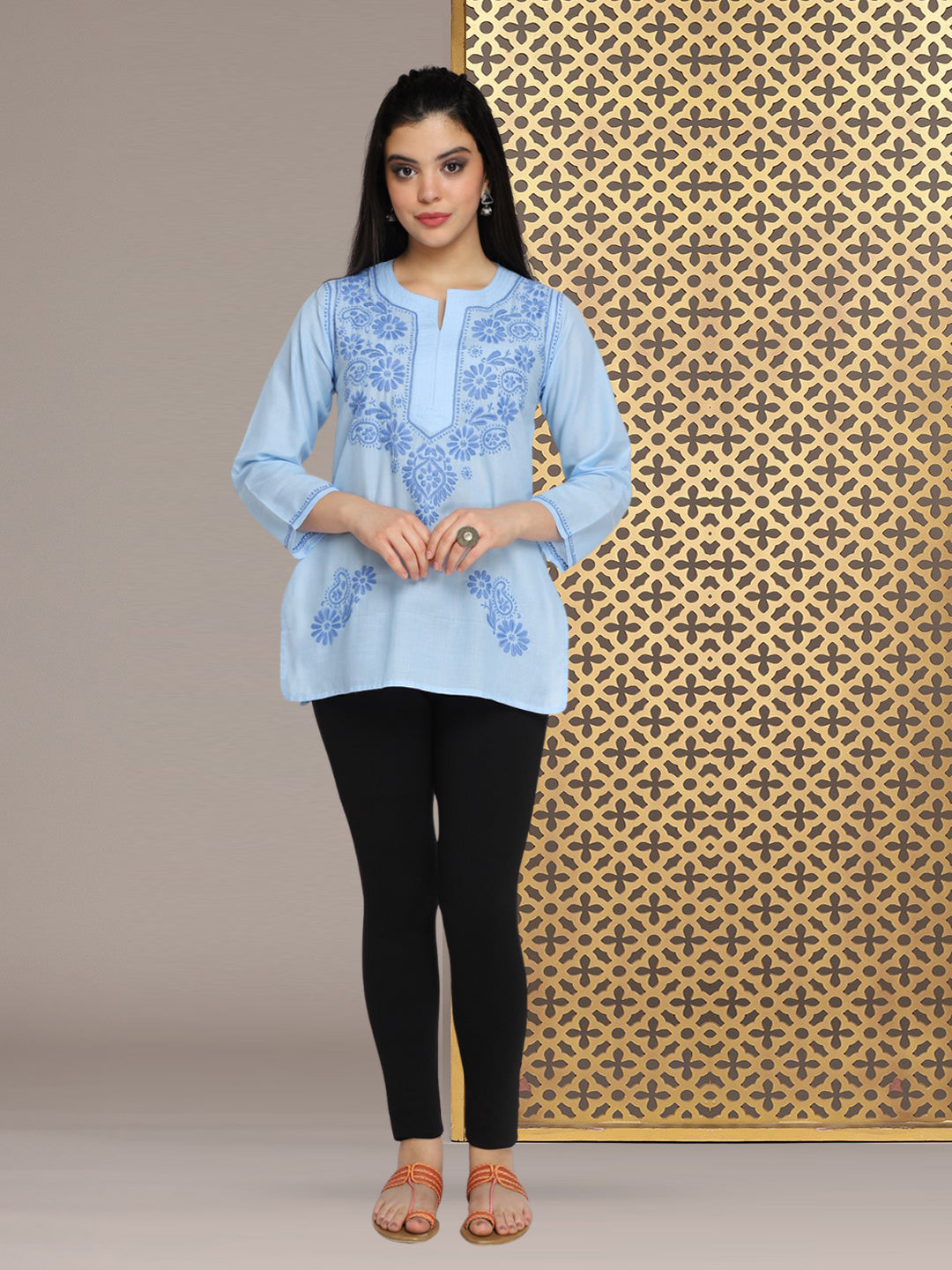 Hand Embroidered Chikankari Cotton Straight Kurti-AL3405 Denim