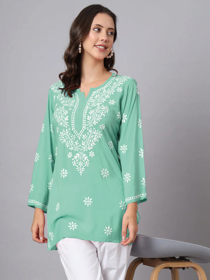 Women Hand Embroidered Chikankari Modal Kurti-AL3611 Dark SeaGreen