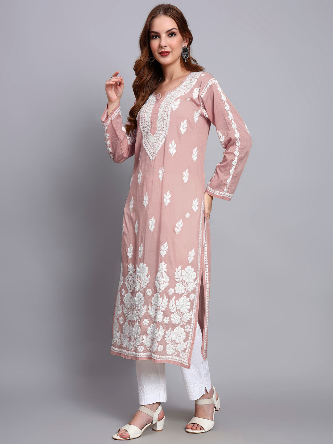 Women Hand Embroidered Chikankari Mulmul Kurti -AL3723 Rust