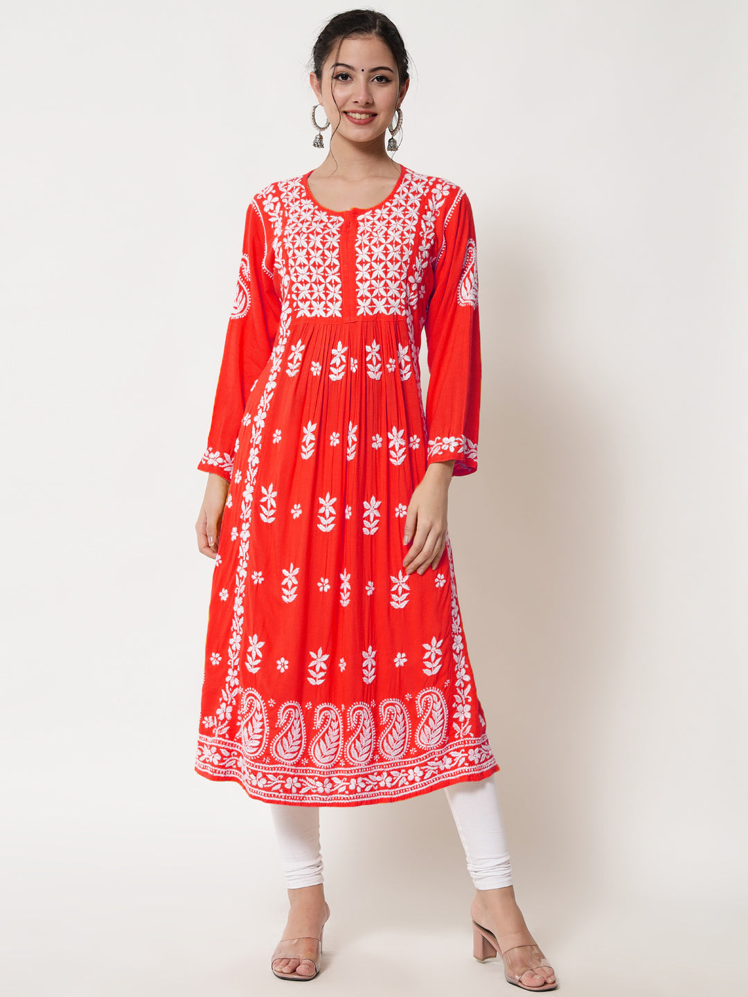 Women Hand Embroidered Chikankari Rayon Kurta-AL3549 Red