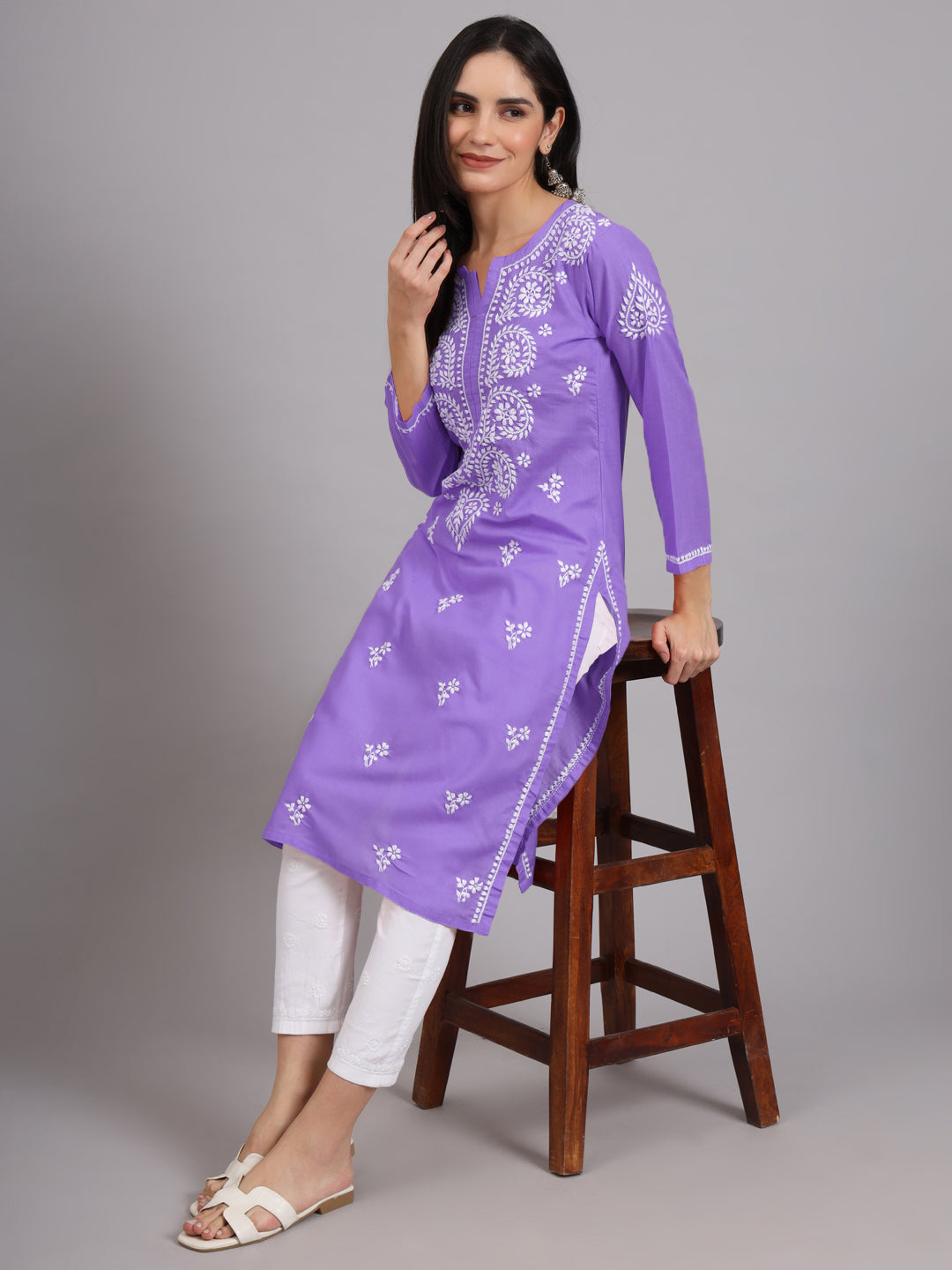 Hand Embroidered Chikankari Cotton Straight Kurta-AL3997 Dark Mauve