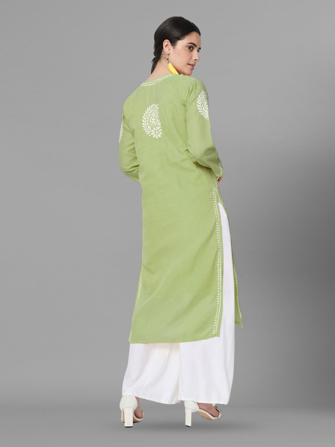 Hand Embroidered Chikankari Cotton Straight Kurta-AL3561 Olive