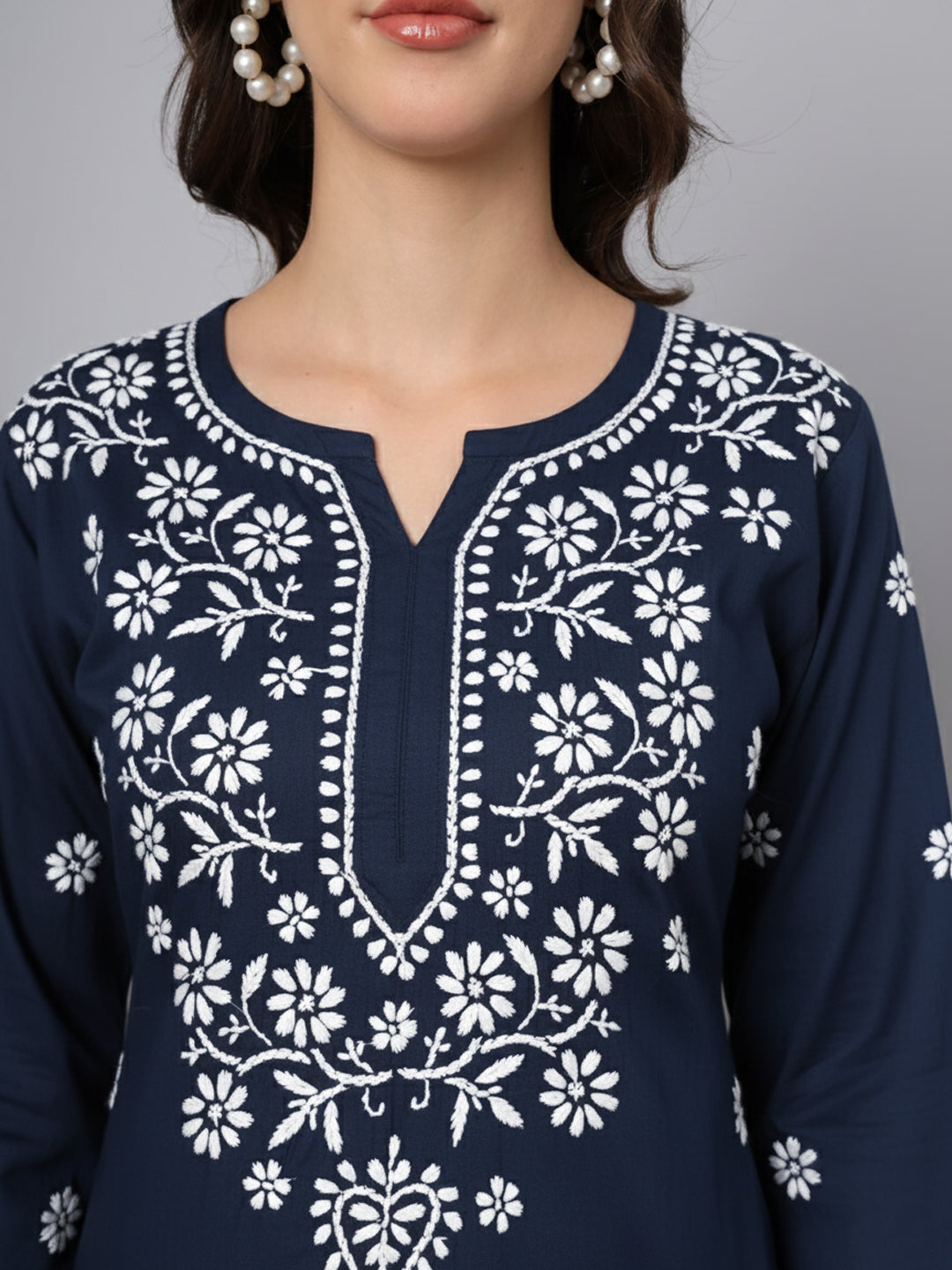 Women Hand Embroidered Modal Chikankari Kurti-AL3611 Navy