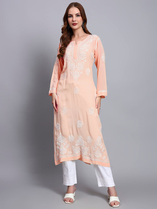 Hand Embroidered Chikankari Modal Straight Kurta-AL3683 Peach