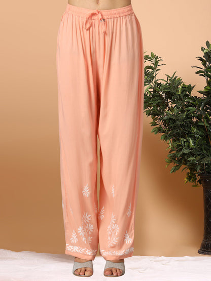 Women Hand Embroidered Chikankari Modal Kurta Set-AL3600KS Peach