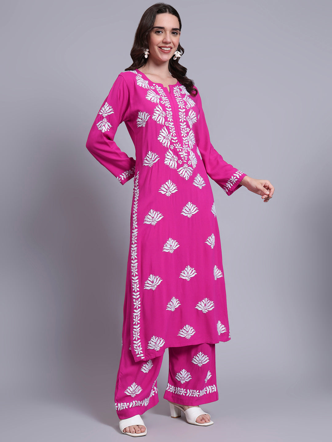 Women Hand Embroidered Chikankari Rayon Kurta Set-AL4084KS Magenta
