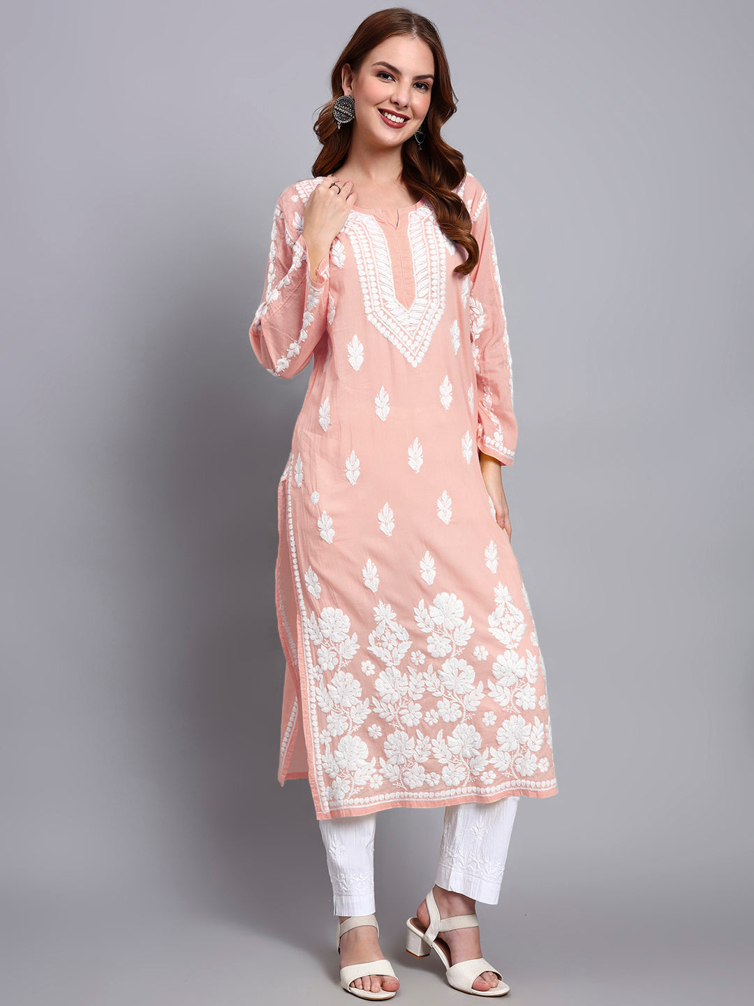 Women Hand Embroidered Chikankari Mulmul Kurti -AL3723 Peach