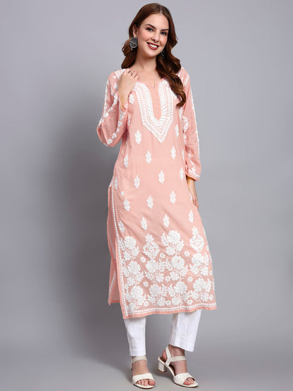 Women Hand Embroidered Chikankari Mulmul Kurti -AL3723 Peach