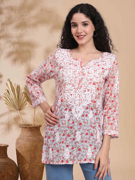 Women Hand Embroidered Chikankari Printed Cotton Kurti-AL4073 Red