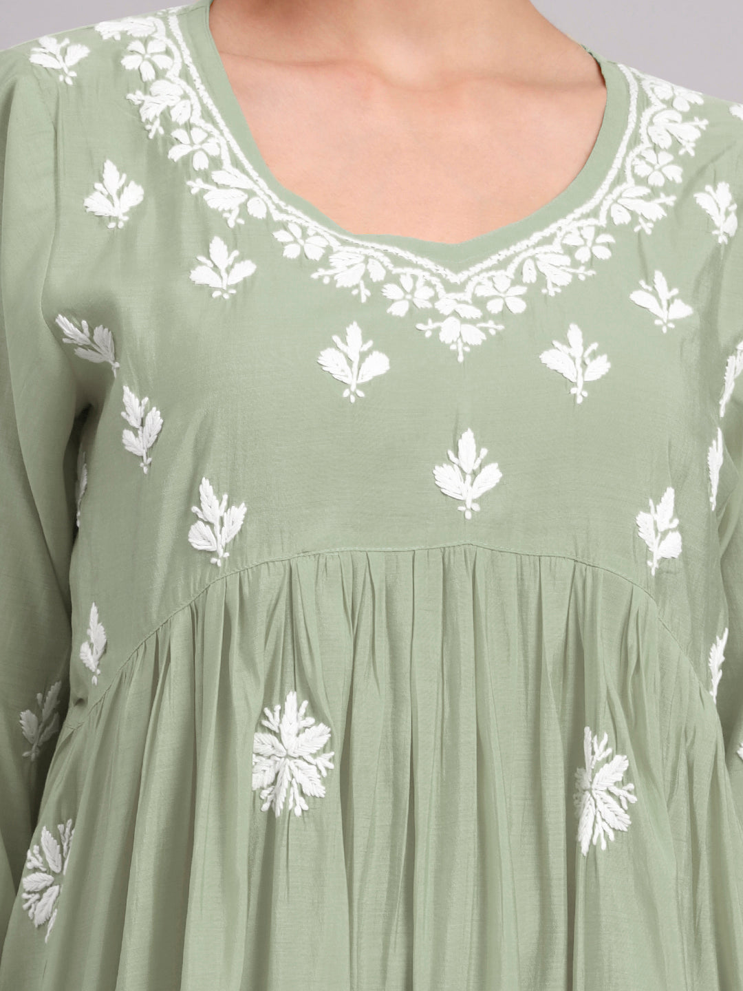 Hand Embroidered Chikankari Chanderi Jalabiya-AL4087 Green