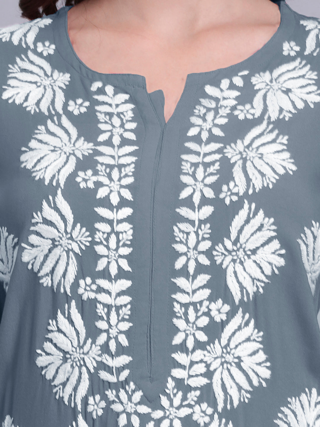 Women Hand Embroidered Chikankari Rayon Kurta Set-AL4084KS Grey