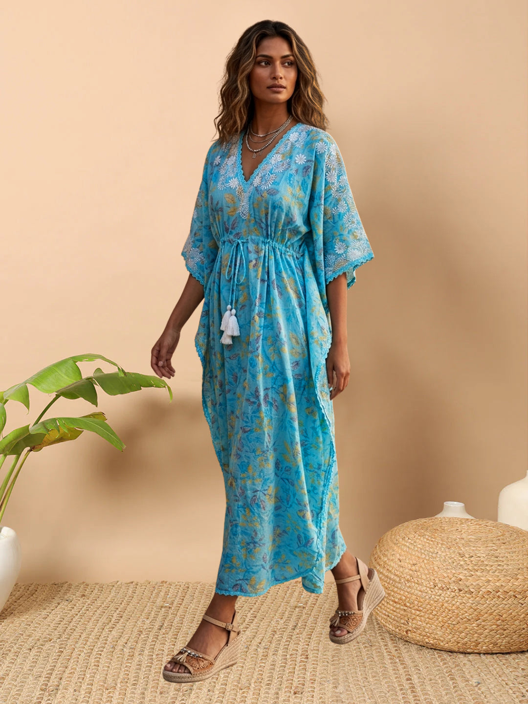 Women Embroidered Cotton Kaftan-AL3700B