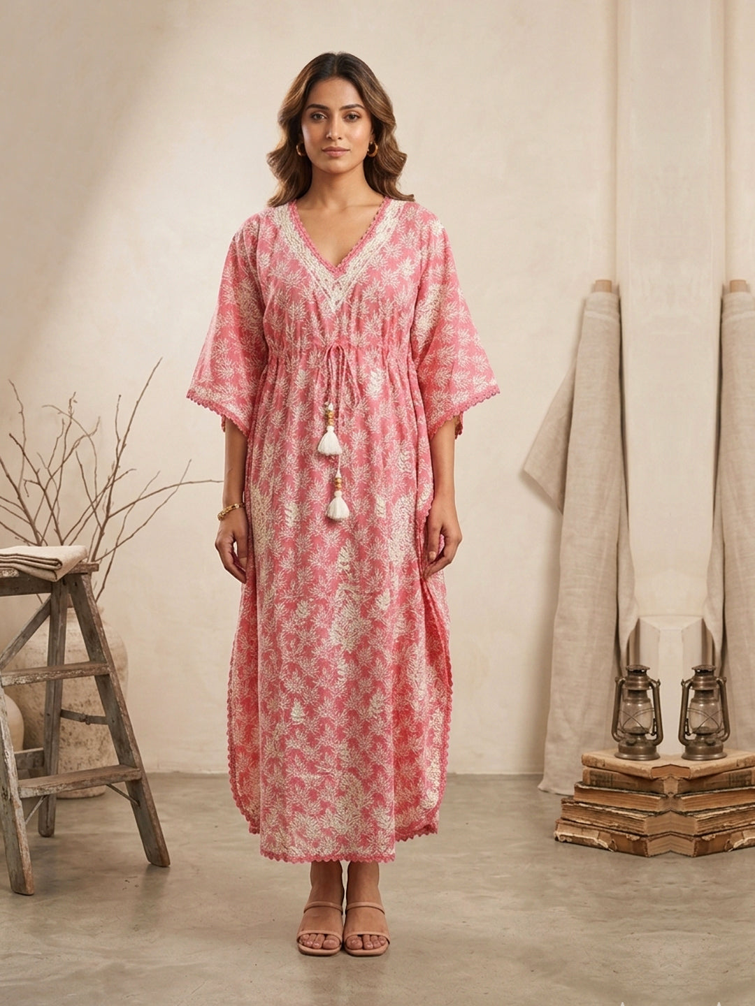 Hand Embroidered Chikankari Cotton Kaftan-AL3833 New Carrotpink