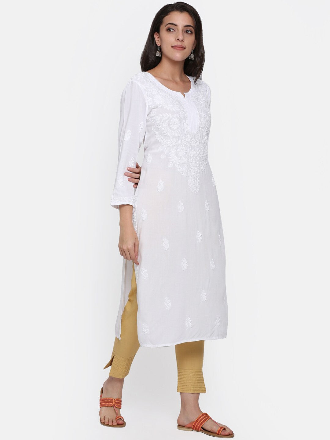 Hand Embroidered Chikankari Rayon Straight Kurta-AL3451 White