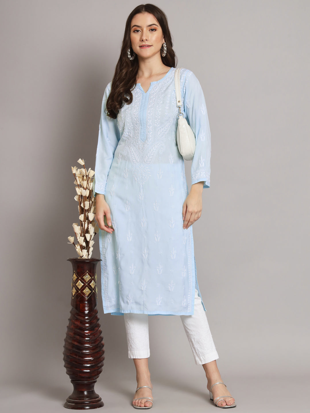 Women Hand Embroidered Chikankari Modal Kurta-AL3584 Skyblue
