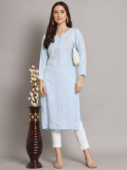 Women Hand Embroidered Chikankari Cotton Kurta-AL3584 Skyblue