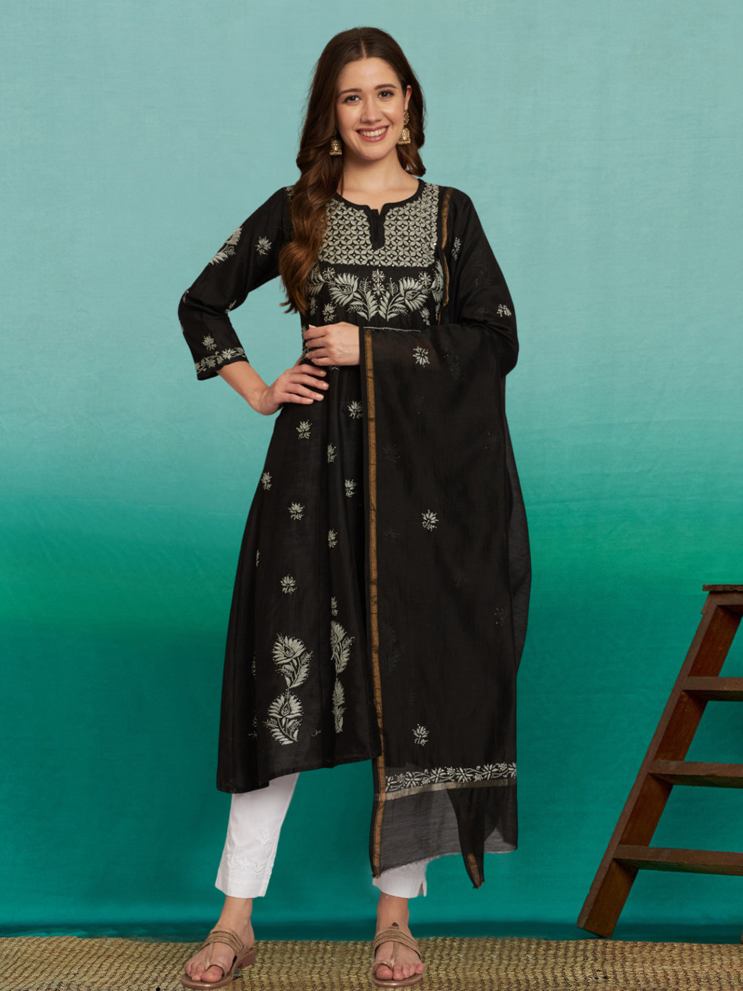 Hand embroidered Chikankari Chanderi Cotton Kurta Set and Dupatta with Mukaish AL3665KS
