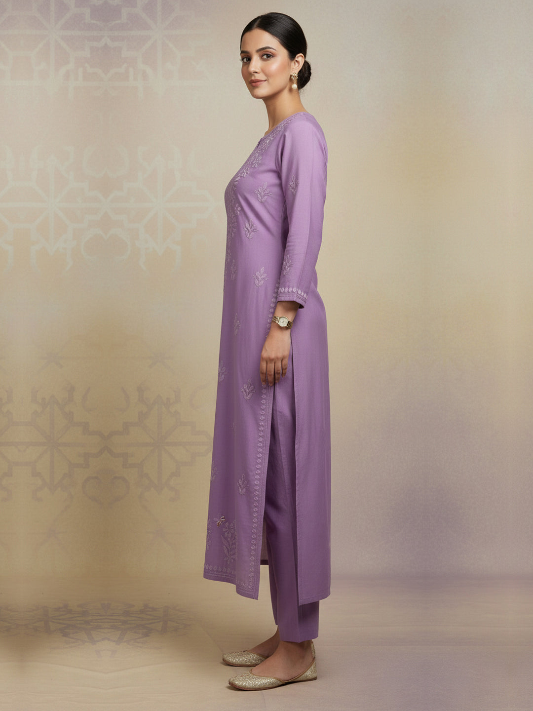 Women Hand Embroidered Chikankari Chanderi Kurta Set-AL4106KS Violet