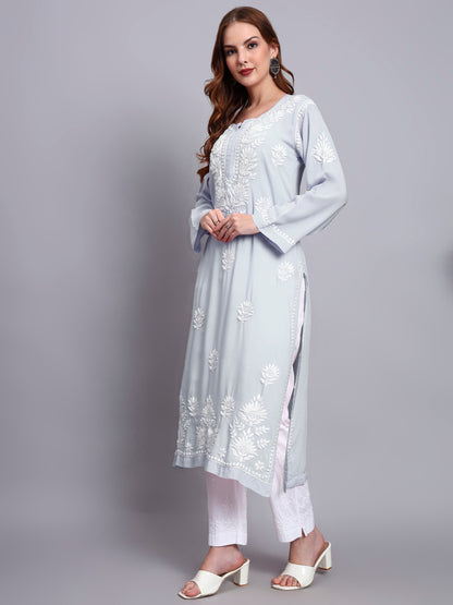 Hand Embroidered Chikankari Modal Straight Kurta-AL3683 Teal