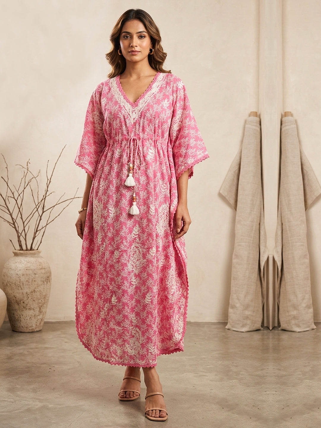 Hand Embroidered Chikankari Cotton Kaftan-AL3833 New Carrotpink