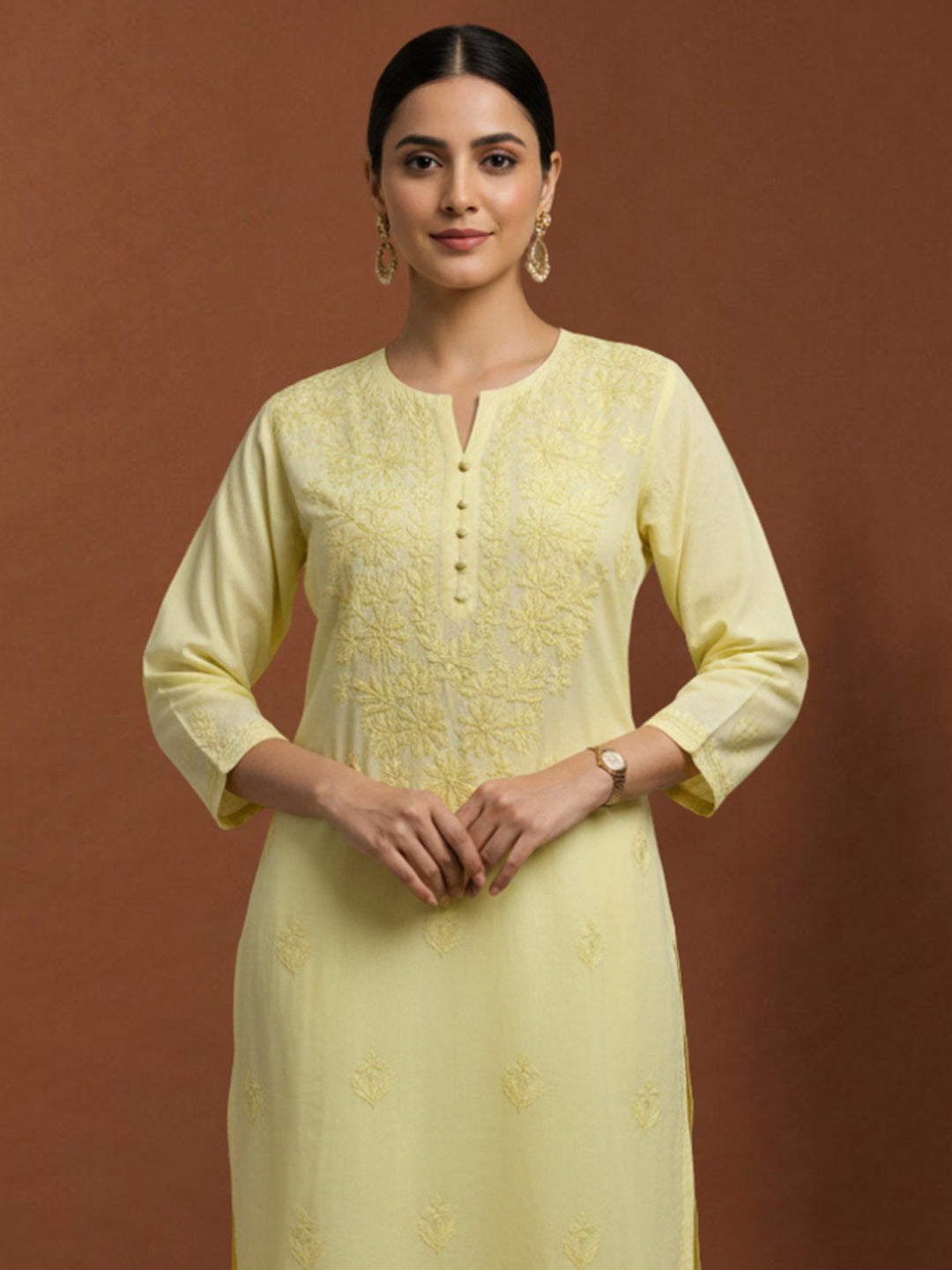 Women Hand Embroidered Chikankari Muslin Kurta Set-AL4104KS Yellow
