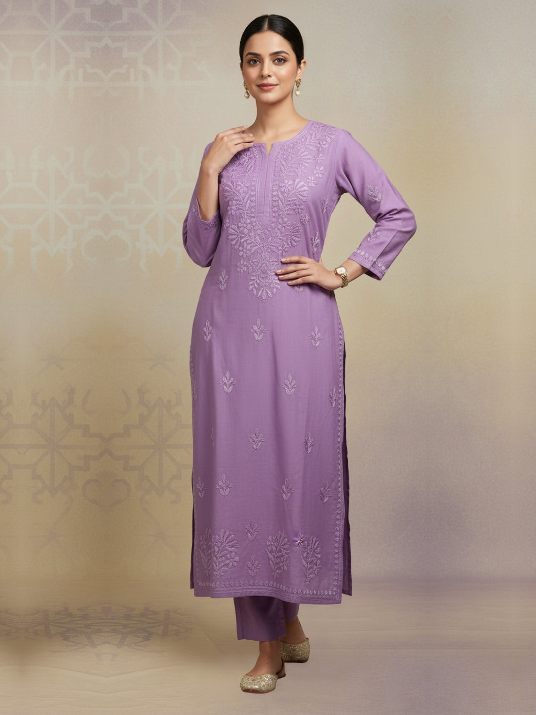 Women Hand Embroidered Chikankari Chanderi Kurta Set-AL4106KS Violet