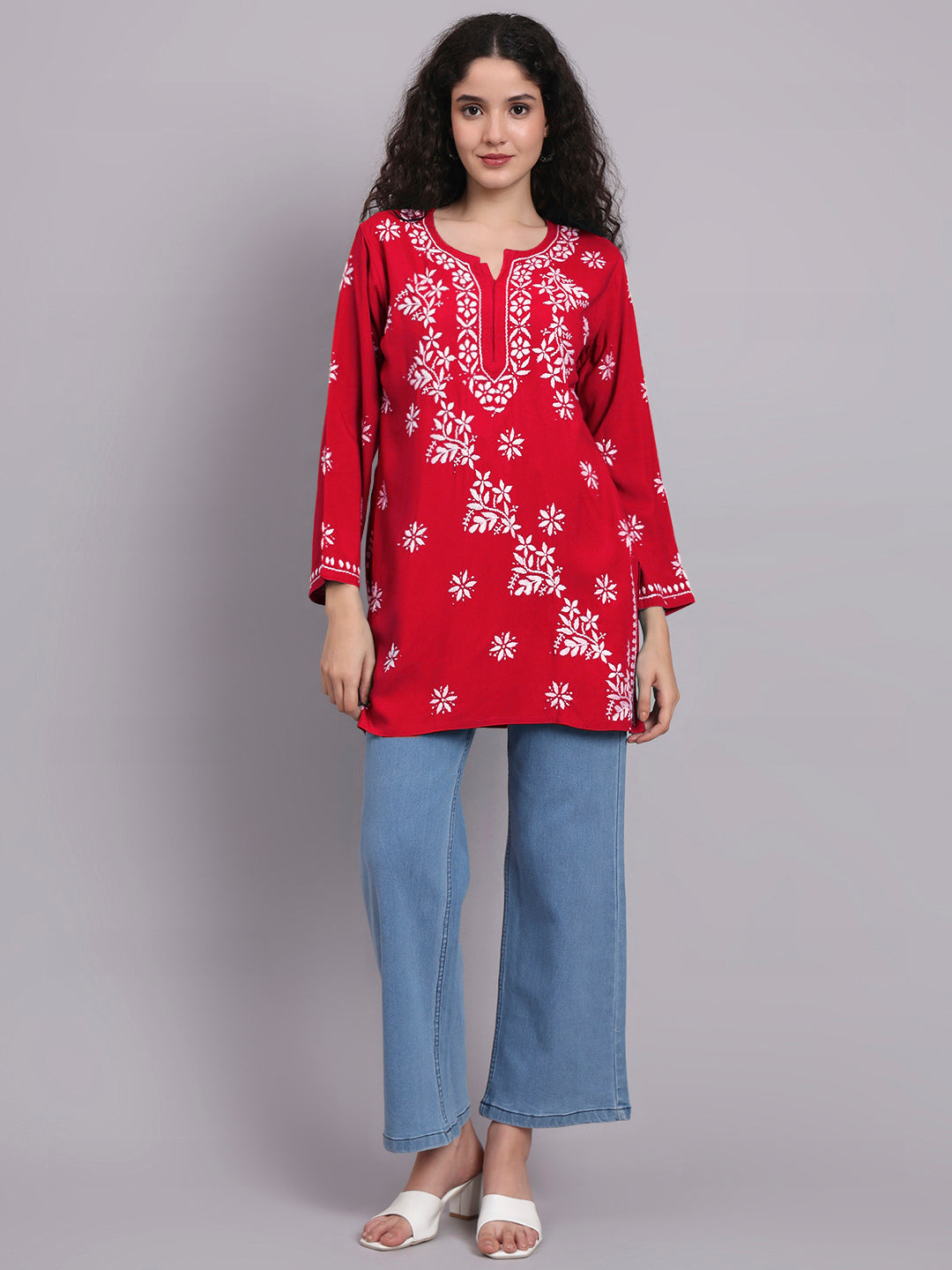 Women Hand Embroidered Chikankari Rayon Short Kurti-AL4071 Red