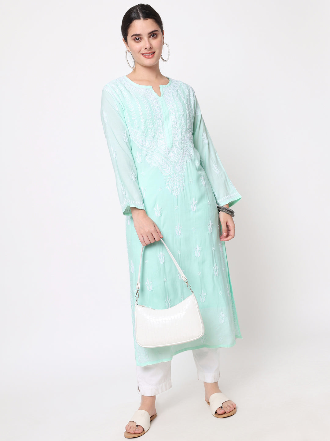 Women Hand Embroidered Chikankari Modal Kurta-AL3584 Seagreen