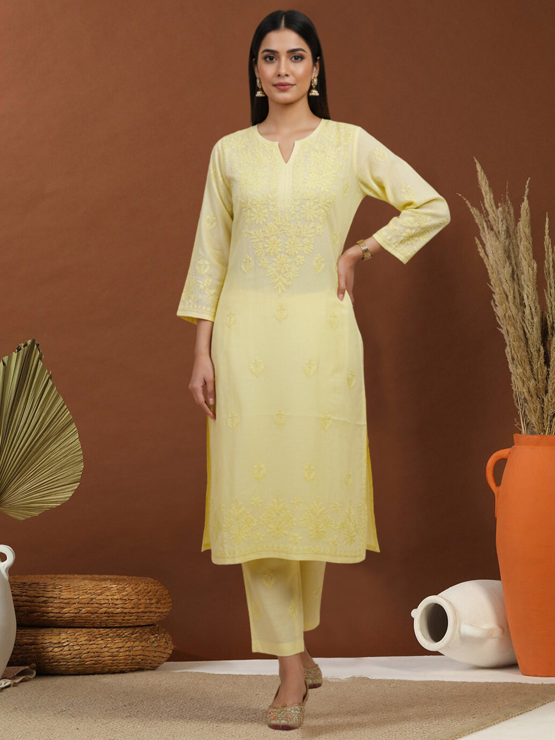 Women Hand Embroidered Chikankari Muslin Kurta Set-AL4104KS Yellow
