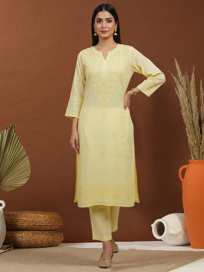 Women Hand Embroidered Chikankari Muslin Kurta Set-AL4104KS Yellow