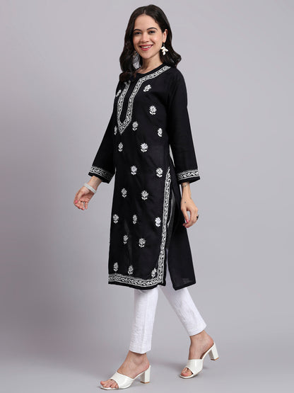 Women Hand Embroidered Chikankari Cotton Kurta-AL3999 Black