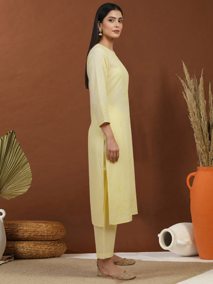 Women Hand Embroidered Chikankari Muslin Kurta Set-AL4104KS Yellow