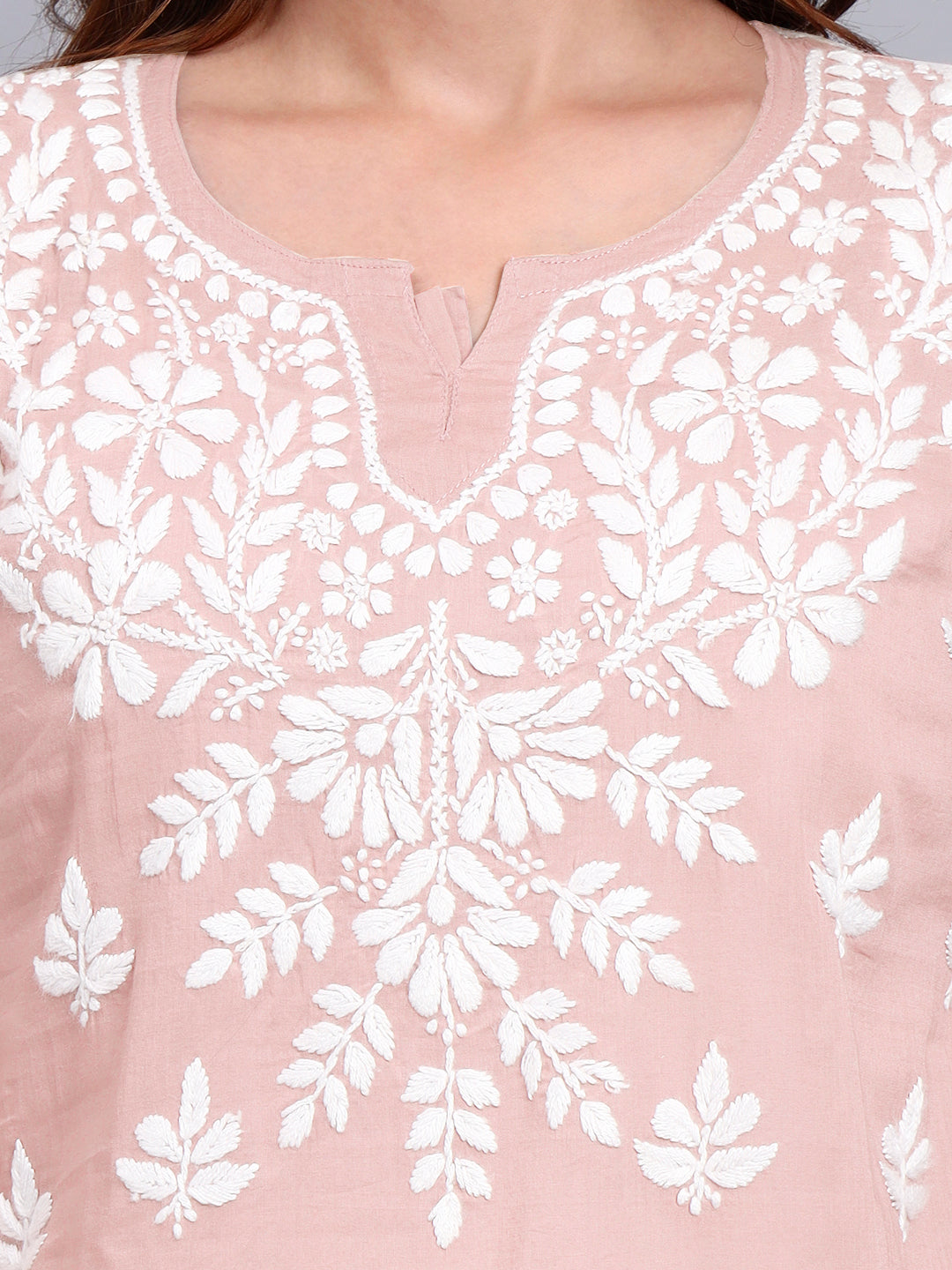Women Hand Embroidered Chikankari Mulmul Short Top -AL3724 Peach