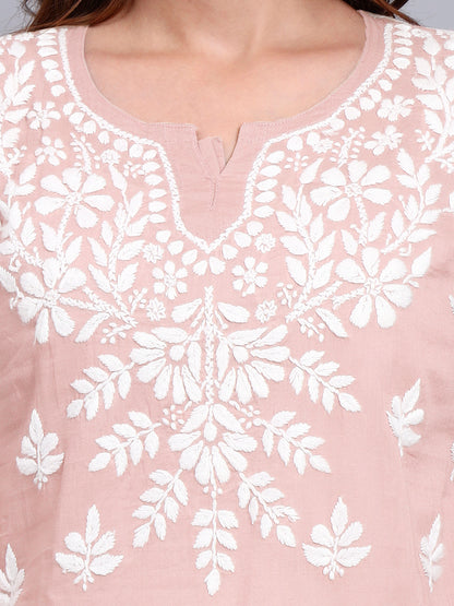 Women Hand Embroidered Chikankari Mulmul Short Top -AL3724 Peach