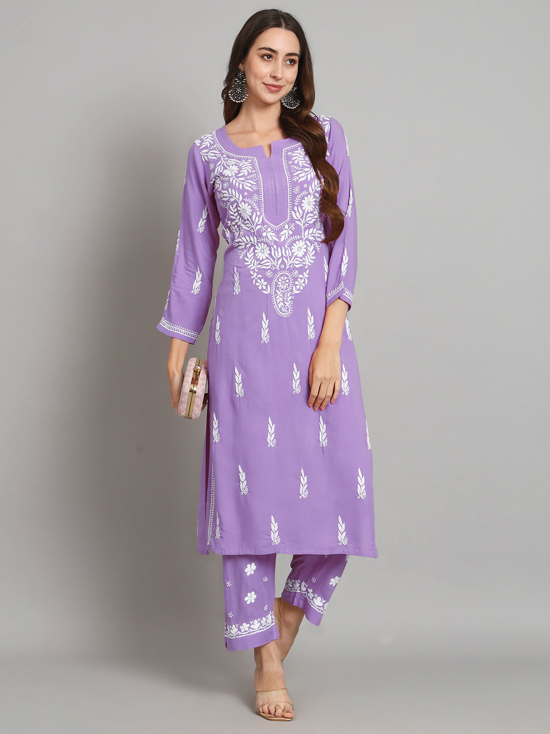Women Hand Embroidered Chikankari Rayon Kurta set-AL3451KS Mauve