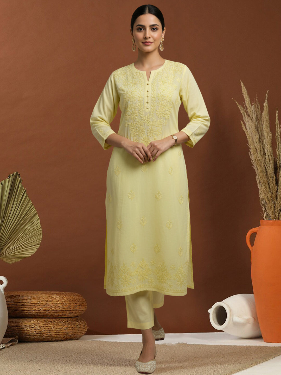 Women Hand Embroidered Chikankari Muslin Kurta Set-AL4104KS Yellow
