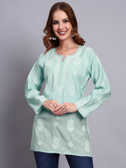 Women Hand Embroidered Chikankari Chanderi Short Kurti-AL4090 Sea Green