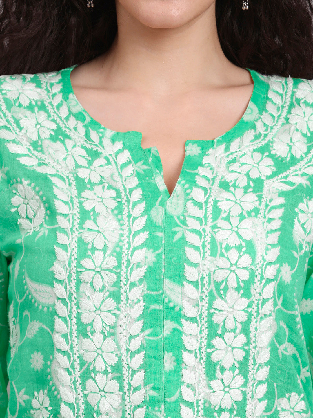 Women Hand Embroidered Chikankari Mul Printed Cotton Kurta-AL4072 Sea Green