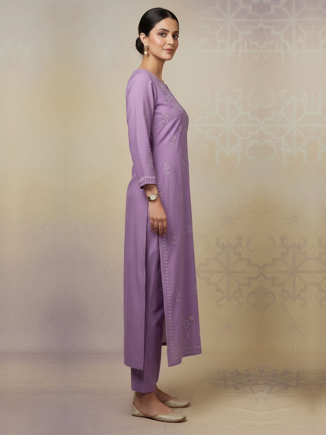 Women Hand Embroidered Chikankari Chanderi Kurta Set-AL4106KS Violet