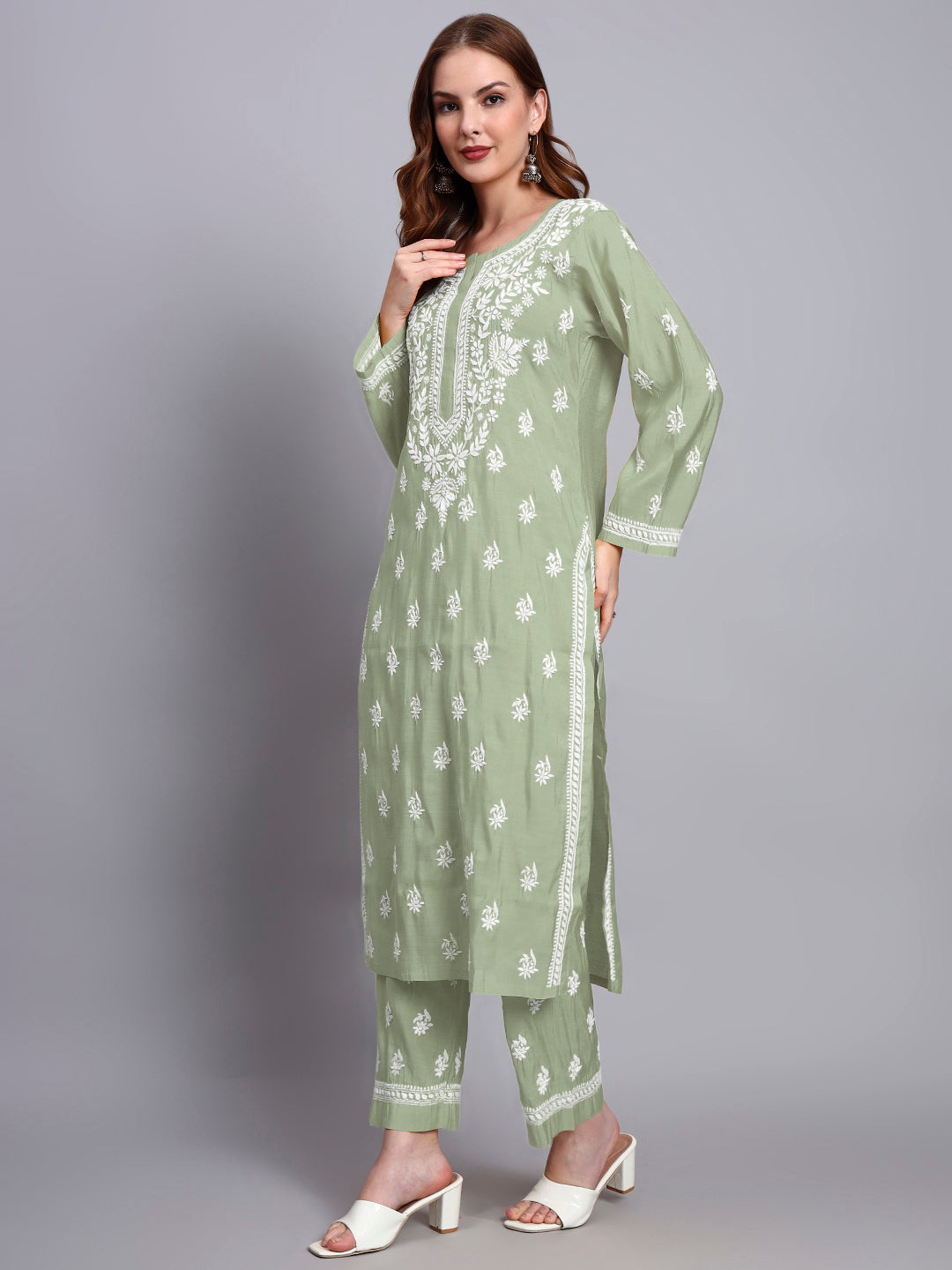 Women Hand Embroidered Chikankari Chanderi Kurta Set-AL4089KS Green