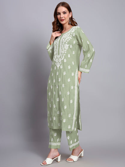 Women Hand Embroidered Chikankari Chanderi Kurta Set-AL4089KS Green